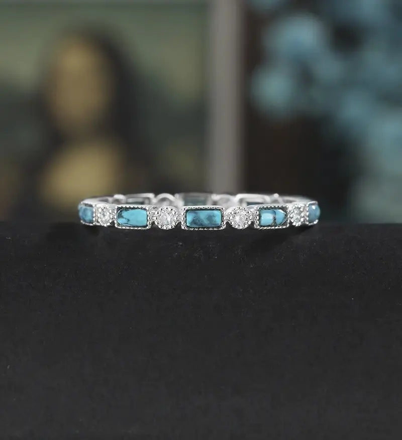 Baguette Cut Turquoise Wedding Band Full Eternity Moissanite White Gold Wedding Ring Unique Diamond Stacking Ring Promise Anniversary Bridal Ring Gift for Her