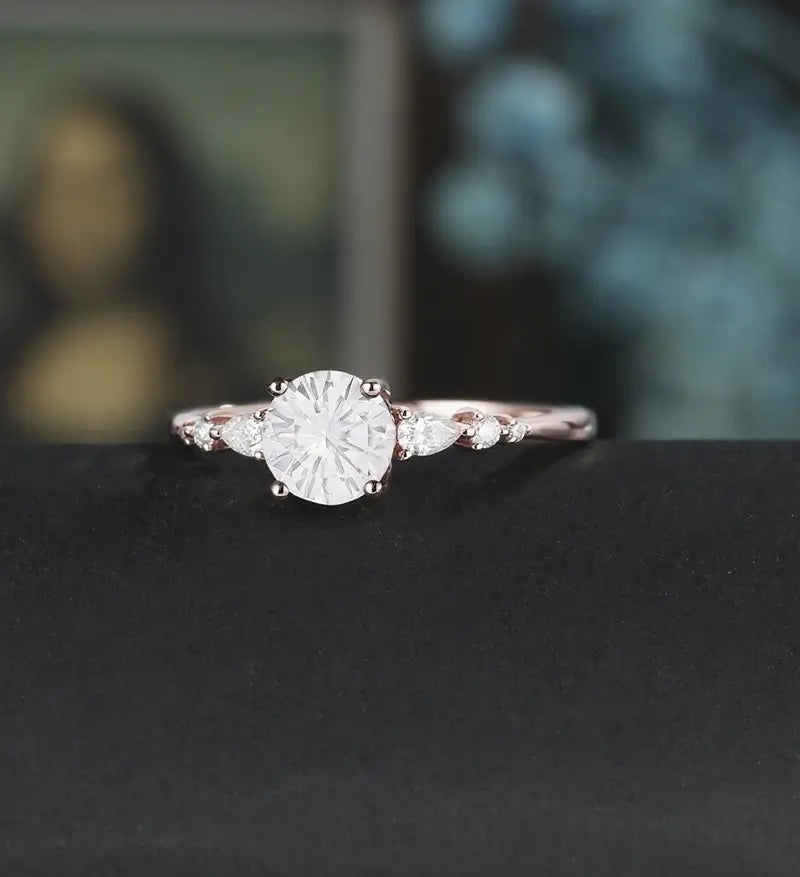 Round Cut Moissanite Engagement Ring Pear Shaped Diamond Wedding Ring Vintage Rose Gold Bridal Ring Promise Anniversary Ring Gift for Her