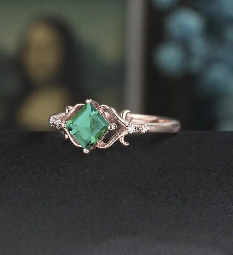 Princess Cut Lab Emerald Engagement Ring Art Deco Moissanite Anniversary Ring Prong Set Diamond Wedding Ring Solid Gold Vintage Ring Unique Bridal promise Ring For Women