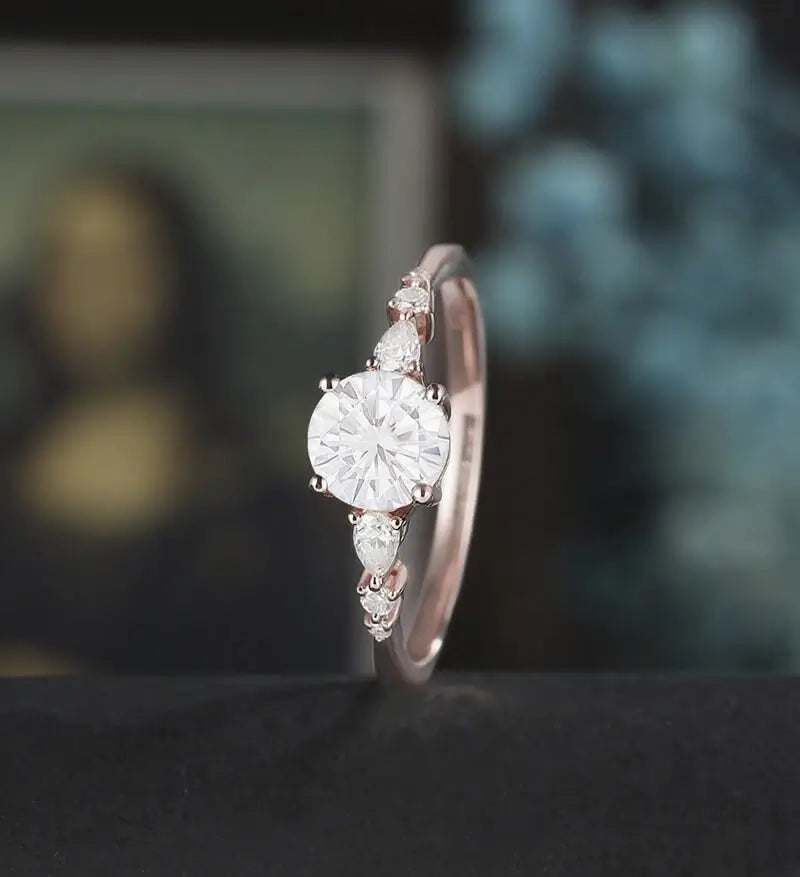 Round Cut Moissanite Engagement Ring Pear Shaped Diamond Wedding Ring Vintage Rose Gold Bridal Ring Promise Anniversary Ring Gift for Her