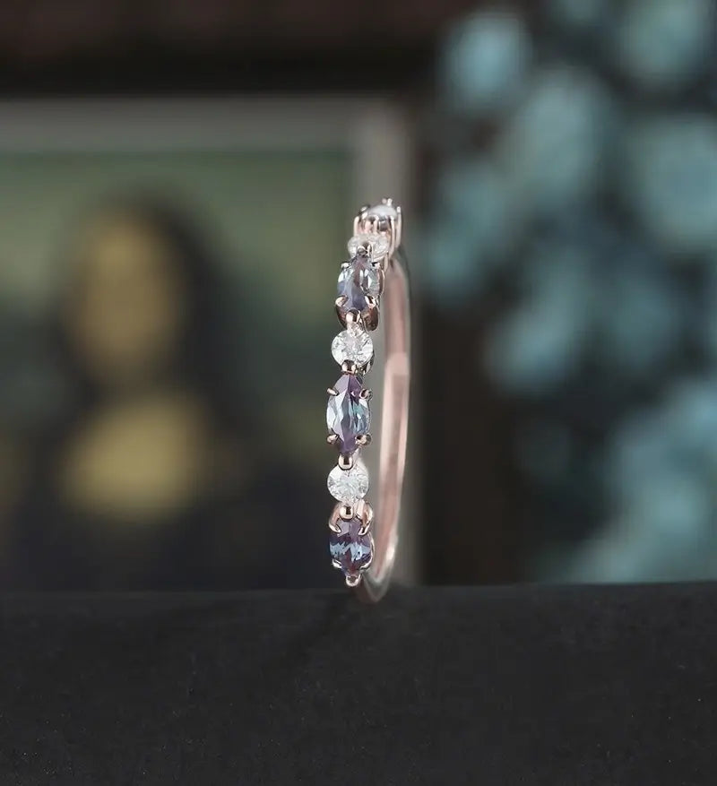 Marquise Alexandrite Wedding Bnad Solid Gold Promise Ring Anniversary Diamond Moissanite Wedding Ring Vintage Bridal Ring For Her