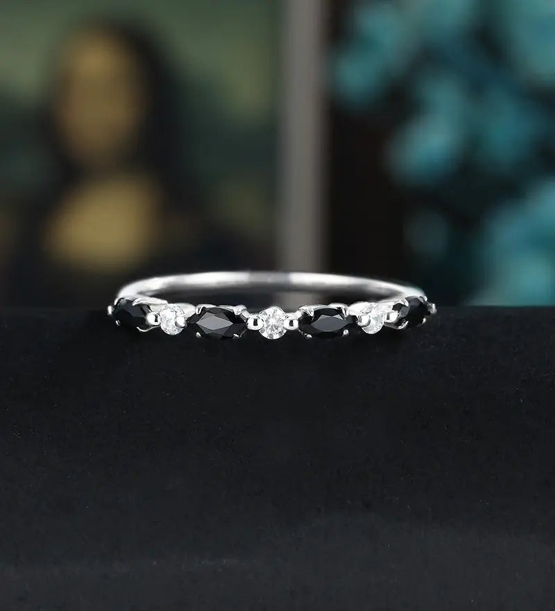 Marquise Cut  Black Onyx Wedding Band Moissanite Diamond Matching Bnad Vintage December Birthstone 14K/18K Solid Gold Promise Ring Promise for Her Anniversary Bridal Ring Stacking ring