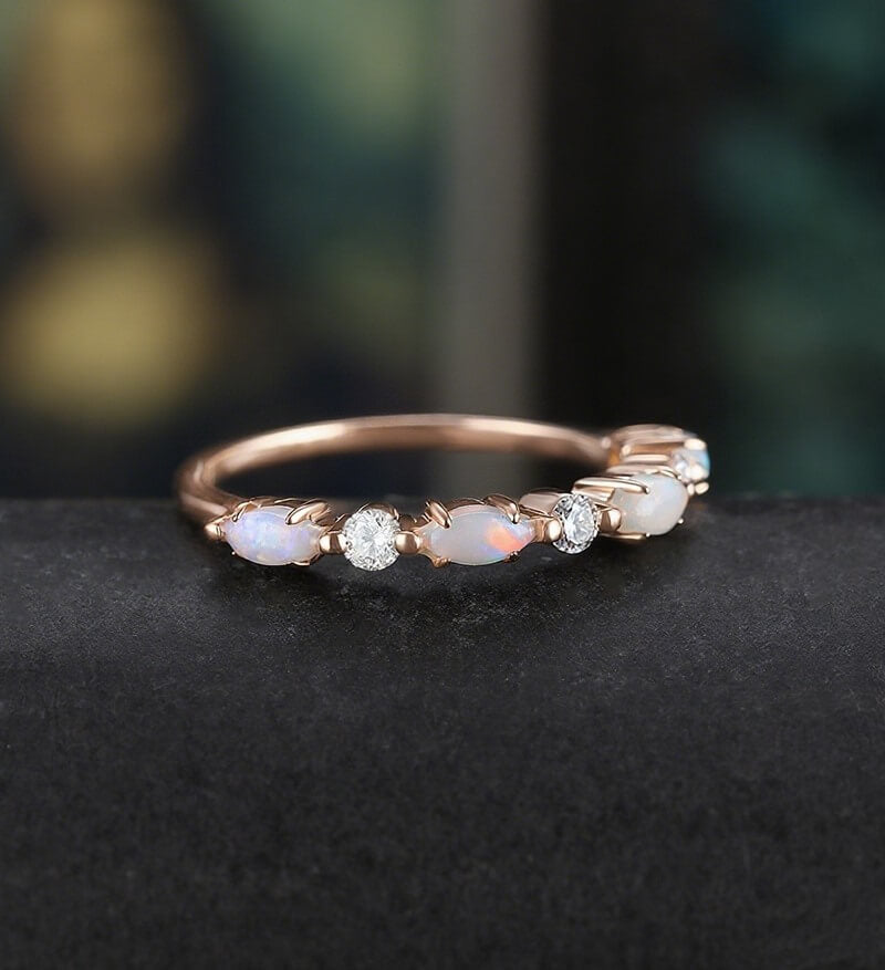Marquise Cut Opal Wedding Band Half Eternity Moissanite Rose Gold Wedding Ring Unique Diamond Promise Anniversary Bridal Ring Gift for Her