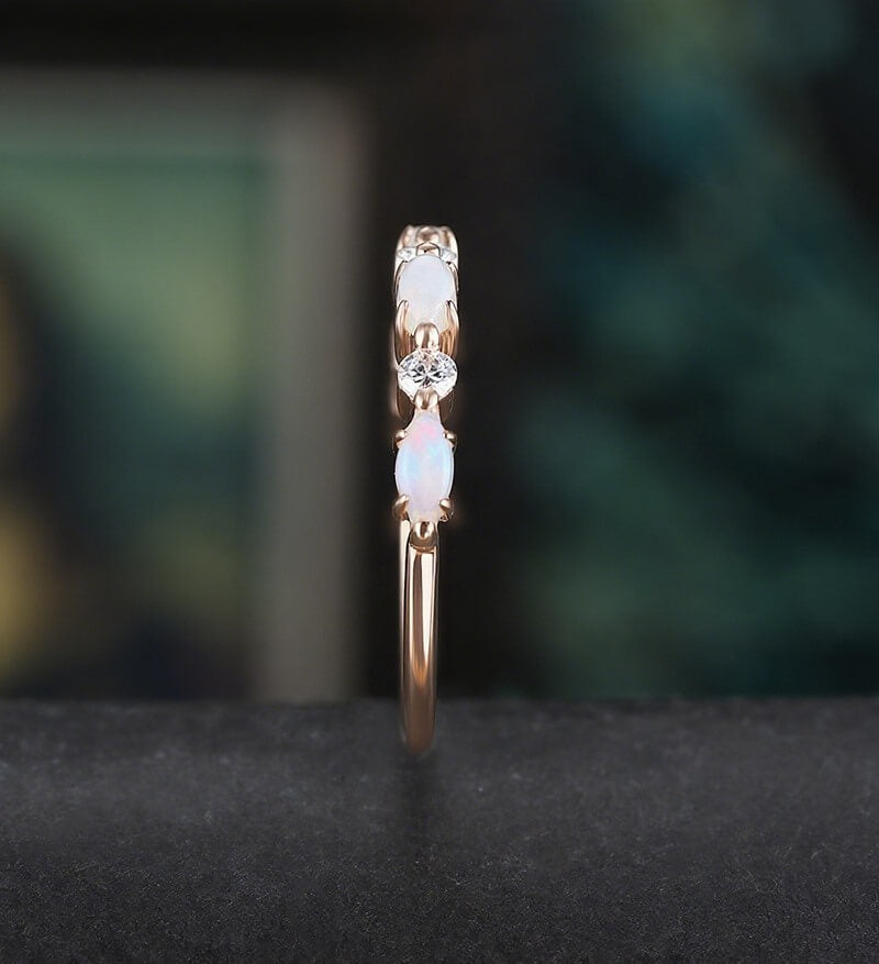 Marquise Cut Opal Wedding Band Half Eternity Moissanite Rose Gold Wedding Ring Unique Diamond Promise Anniversary Bridal Ring Gift for Her