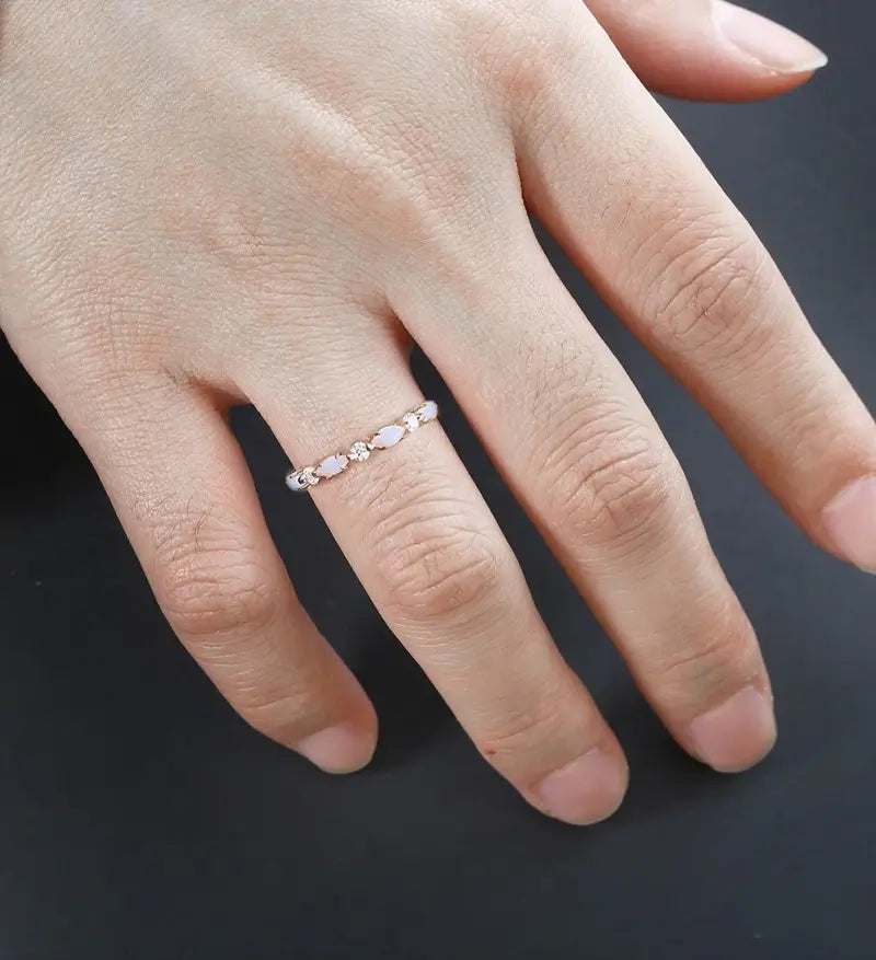 Marquise Cut Opal Wedding Band Half Eternity Moissanite Rose Gold Wedding Ring Unique Diamond Promise Anniversary Bridal Ring Gift for Her