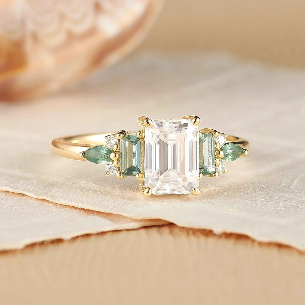 Unique Aveline Emerald Cut Moissanite and Green Sapphire Ring