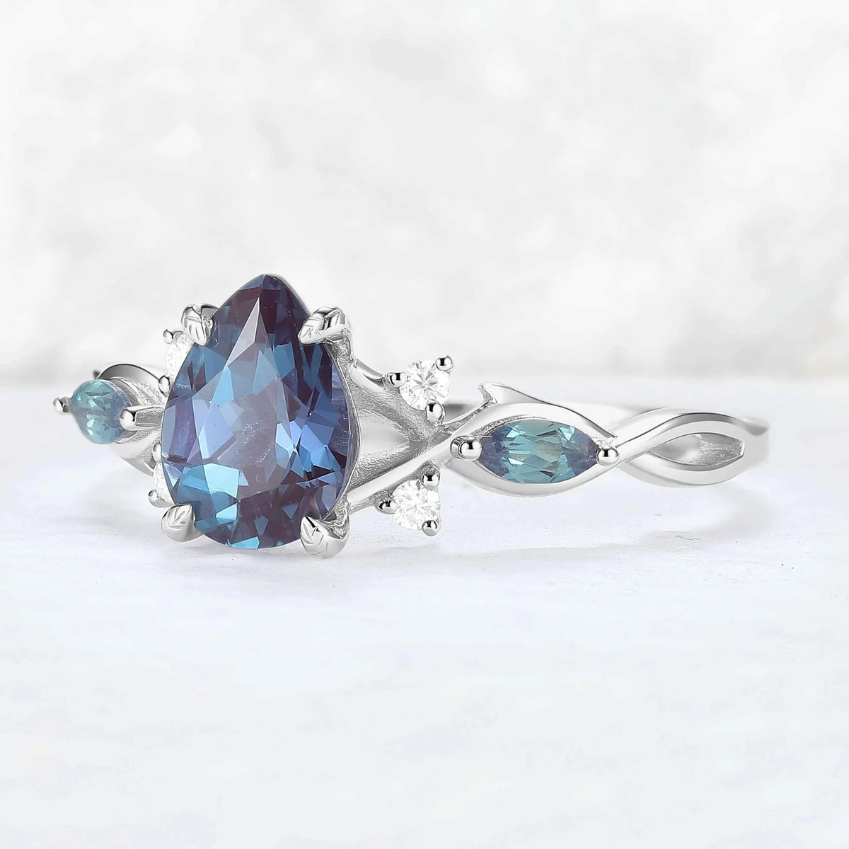 Unique Pear Cut Alexandrite Cluster Engagement Ring