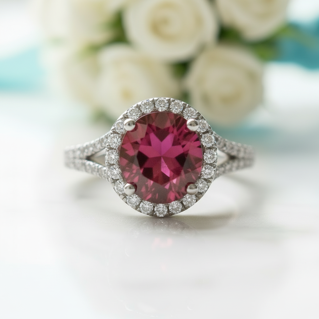 1.0 Ct Round Cut Ruby Halo Engagement Ring
