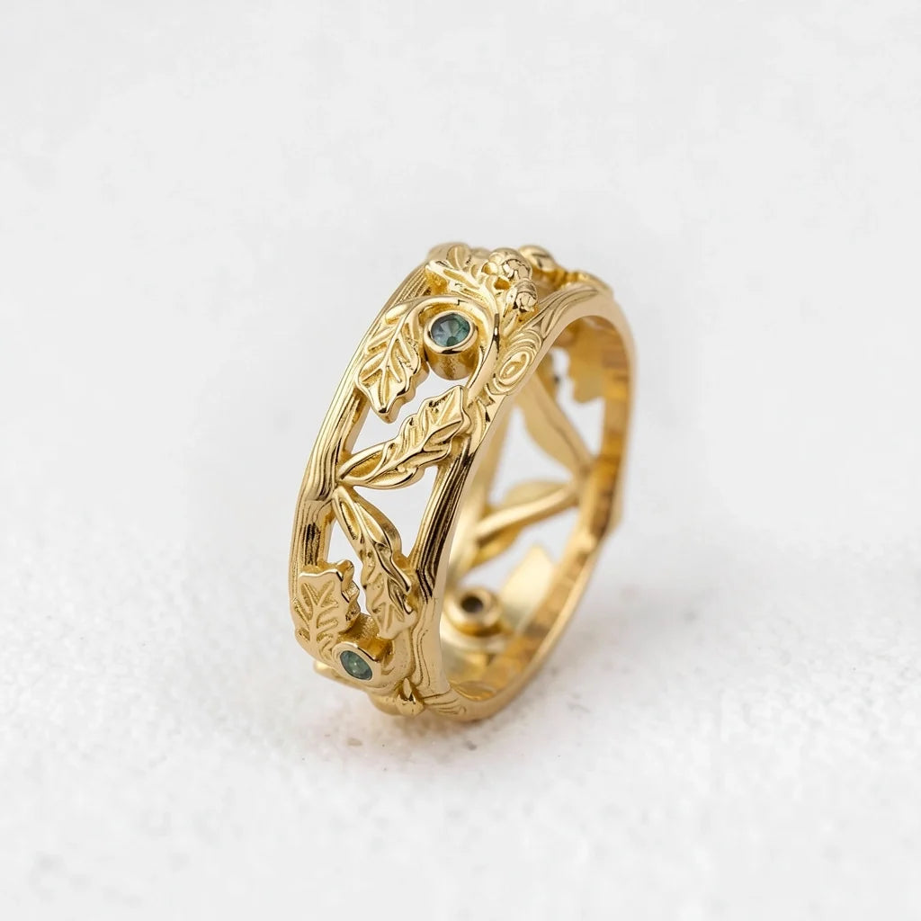 Marcus’s Haven | Carved Oak & Teal Sapphire Men’s Band