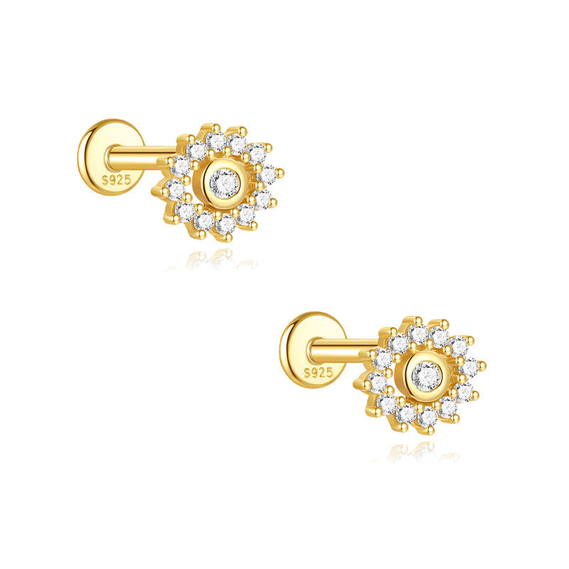 S925 Sterling Silver Gold Plated Sunflower Round CZ Flat Back Cartilage Earring