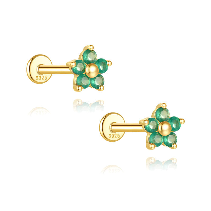 S925 Sterling Silver Gold Plated Green Zircon Flower Flat Back Cartilage Earring