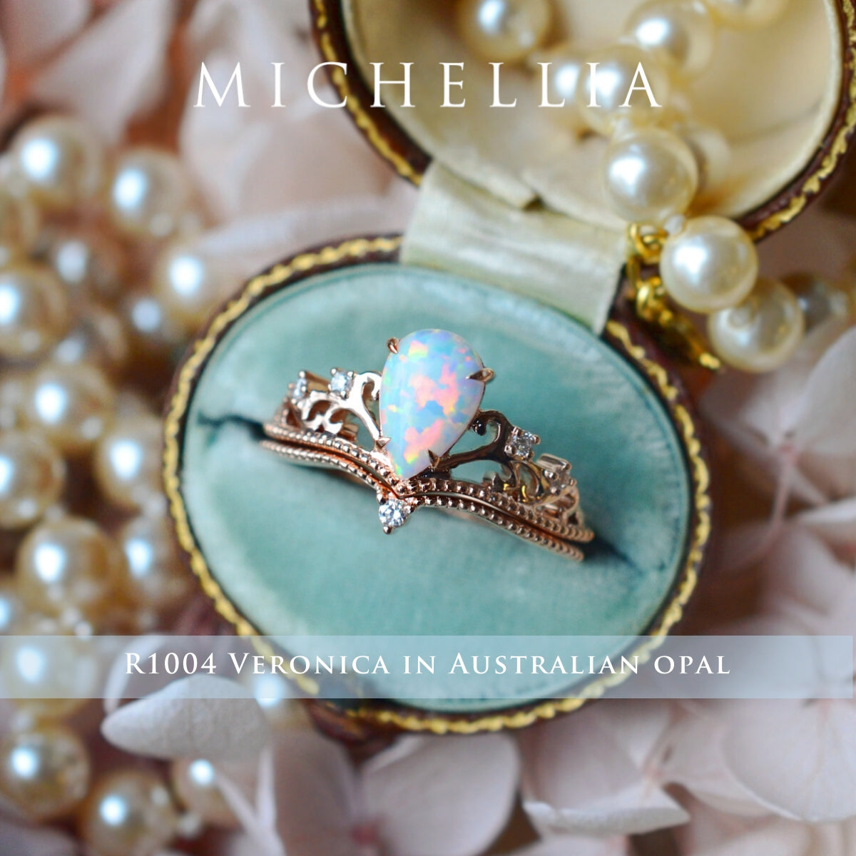 [Veronica] Vintage Crown Pear Engagement Ring in Opal