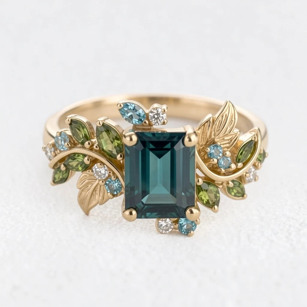 Ivy’s Embrace | Emerald Cut Blue Green Tourmaline Vine & Leaf Engagement Ring