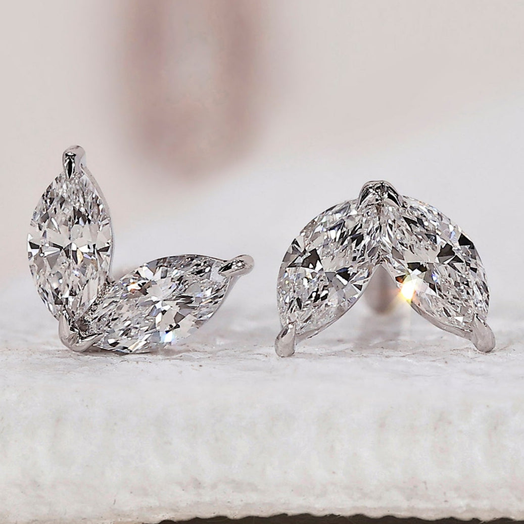Marquise Diamond Earrings - 2 Stone Studs