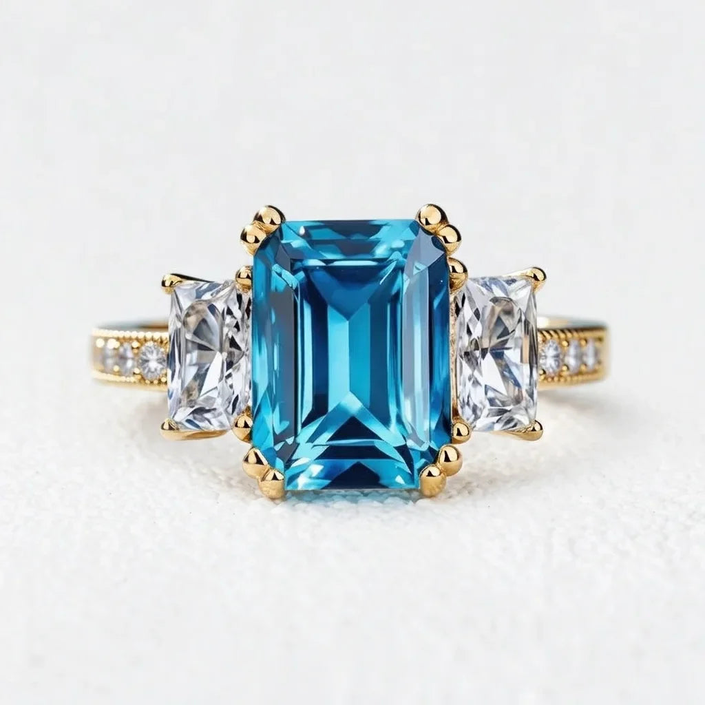 Cleo's Breeze | 3CT Sea Blue Baguette Sapphire Solitaire Statement Ring