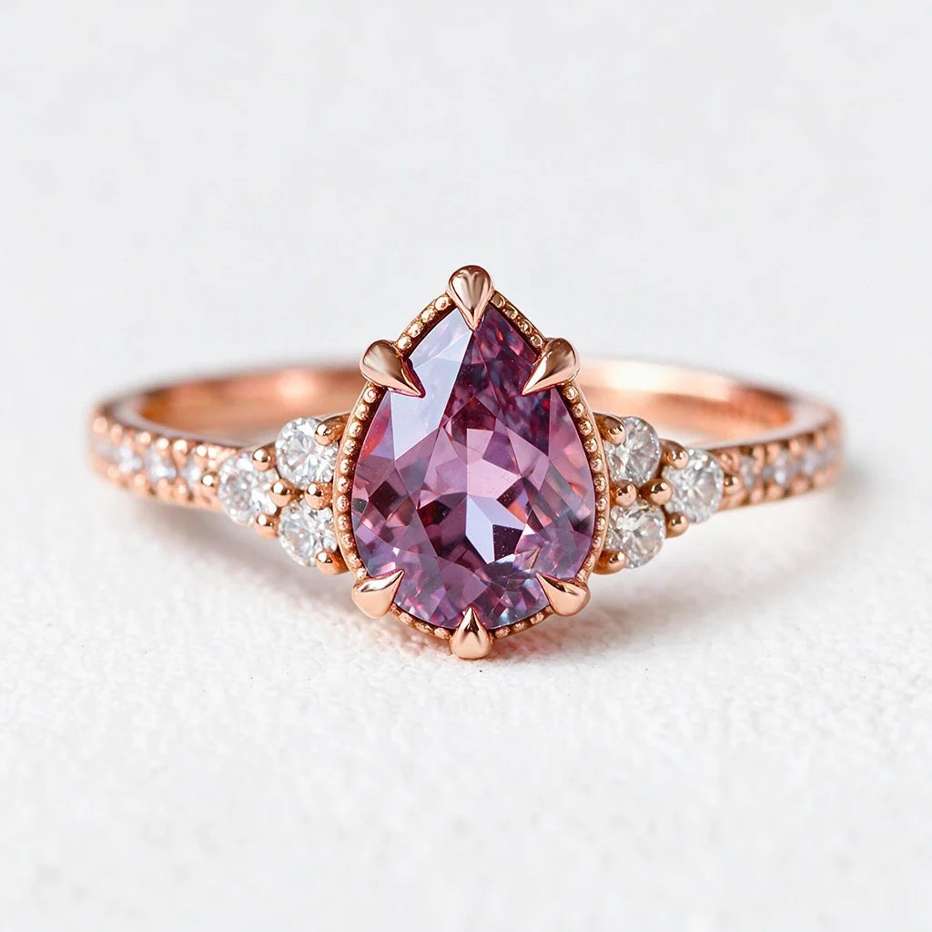 Aurora's Twilight | 2CT Pear Violet Sapphire Engagement Ring with Diamond Band