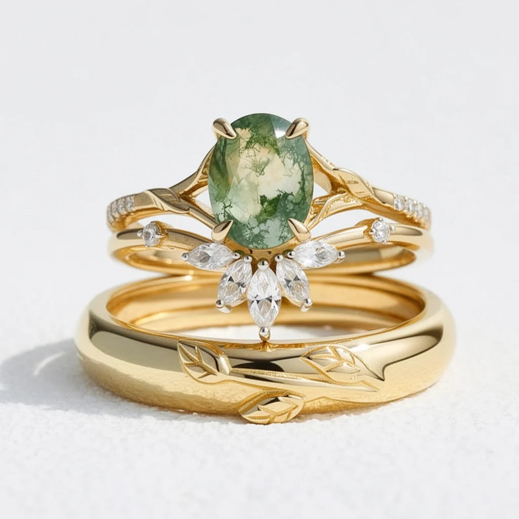 Zinnia’s Meadow | Oval Cut Moss Agate Leafy Gold Couple Ring Set 3pcs