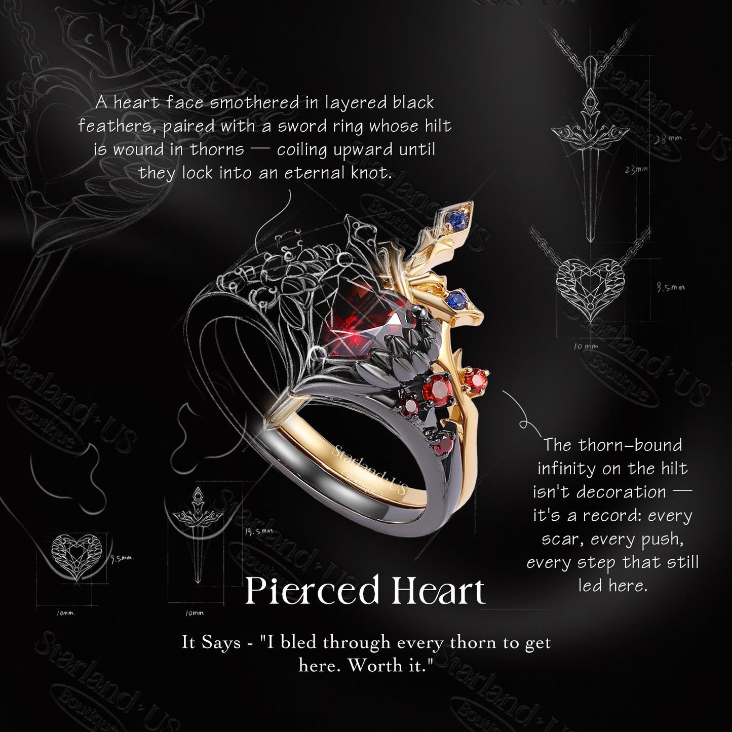 'Pierced Heart' - Gothic Inspired Lab Sapphire Heart Sword Ring Two-Tone Bridal Set