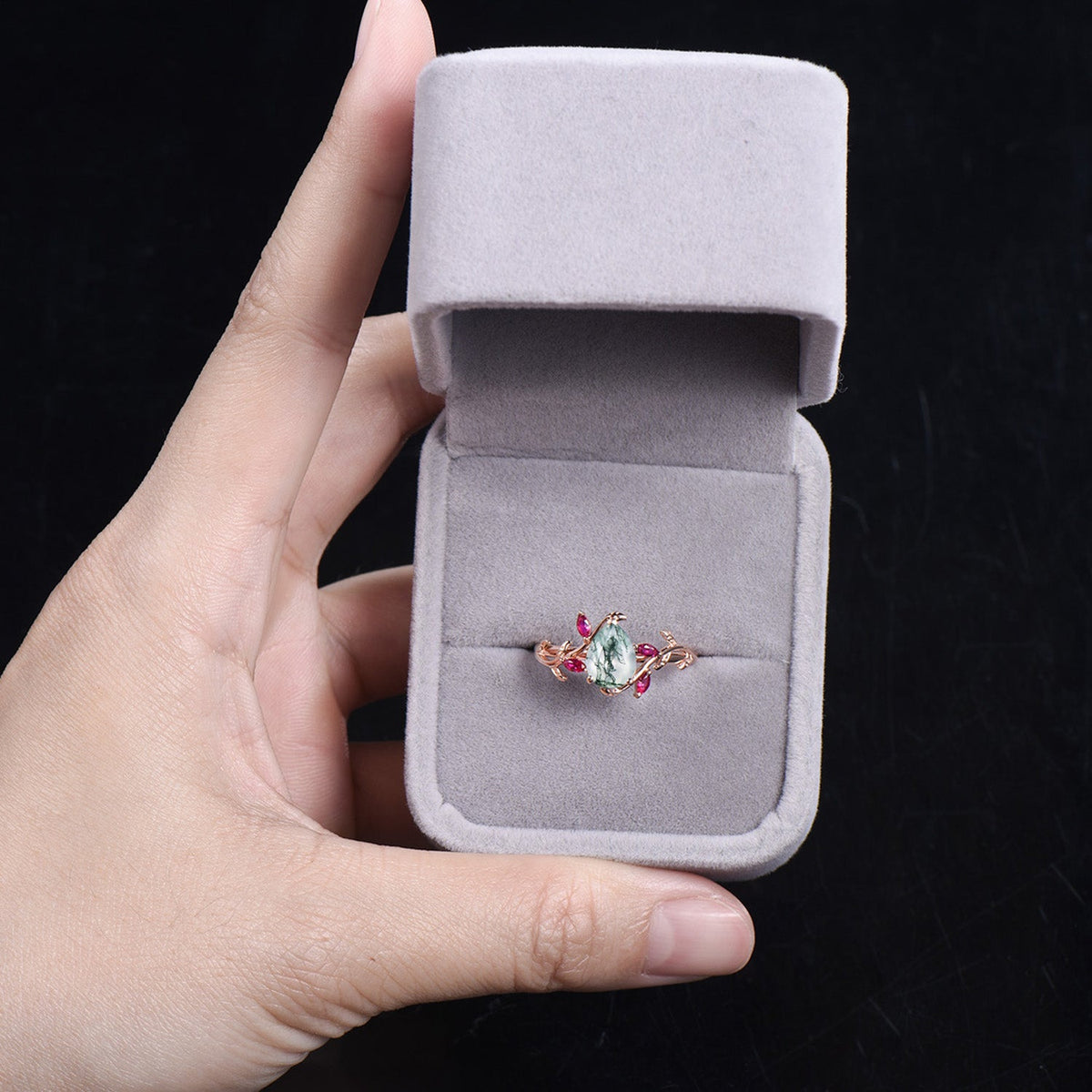 Nature Inspired Moss Agate Ring Leaf Marquise Cut Ruby Ring