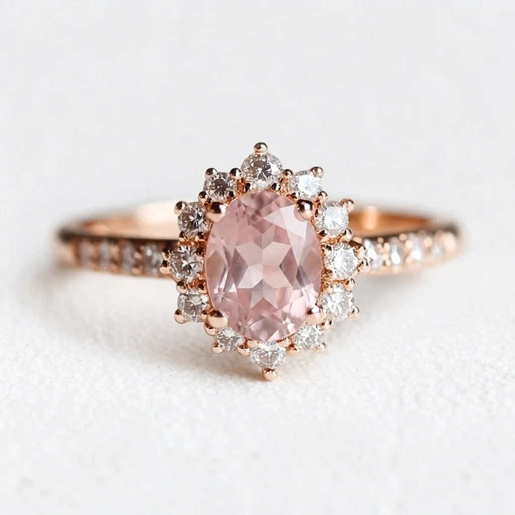 Rosalind’s Blush | Rose Quartz Halo Engagement Ring