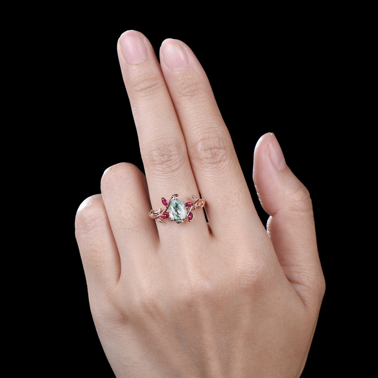 Nature Inspired Moss Agate Ring Leaf Marquise Cut Ruby Ring