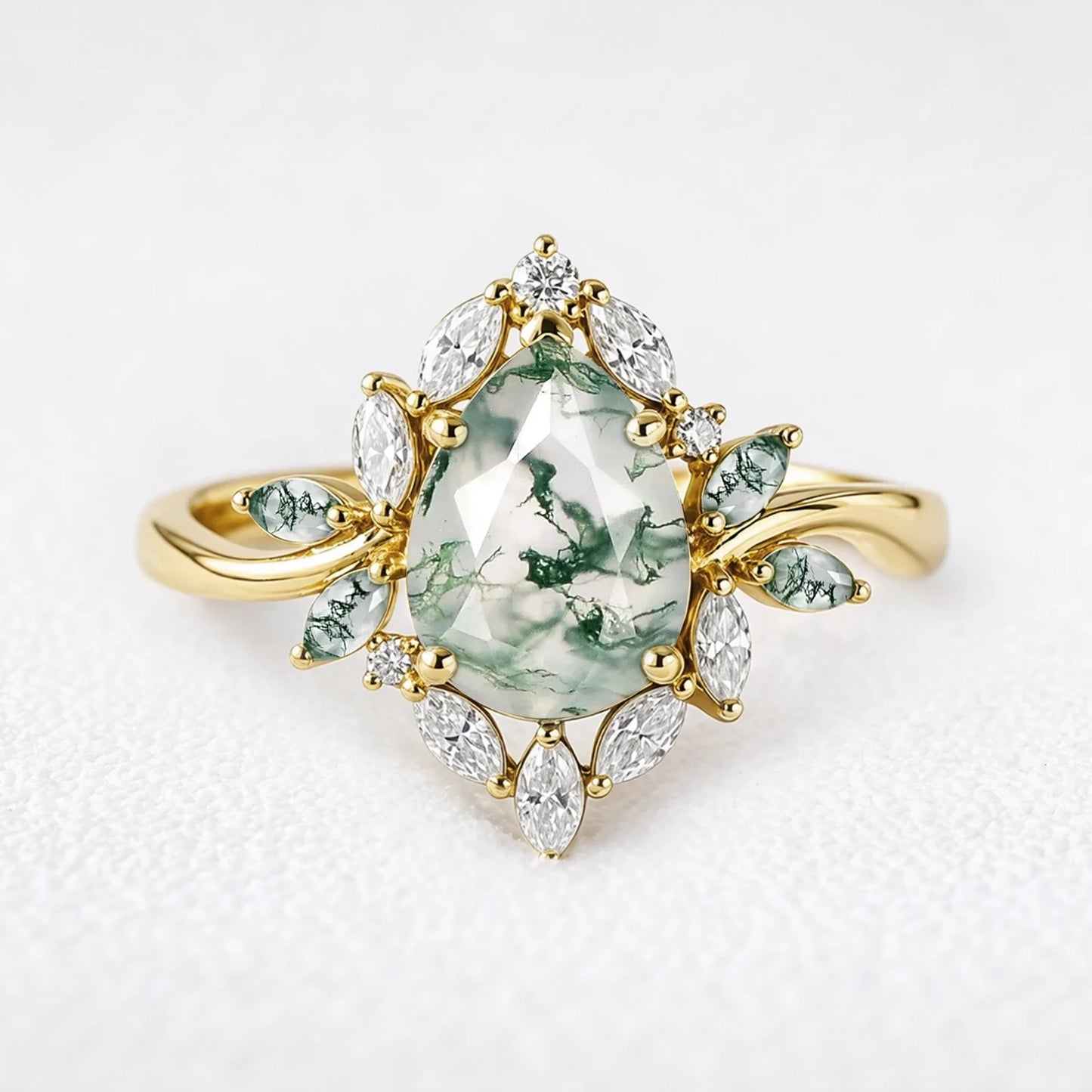 Daphne's Bloom | Pear Moss Agate & Diamond Cluster Engagement Ring