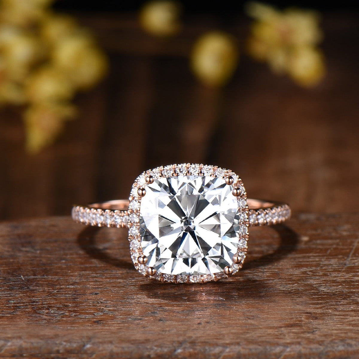 3ct Cushion Moissanite Engagement Ring Set, 14k Rose Gold Bridal Band