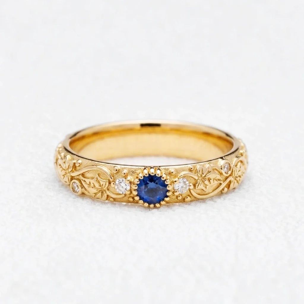 Ivy’s Cove | Blue Sapphire & Diamond Ivy Leaf Wedding Band