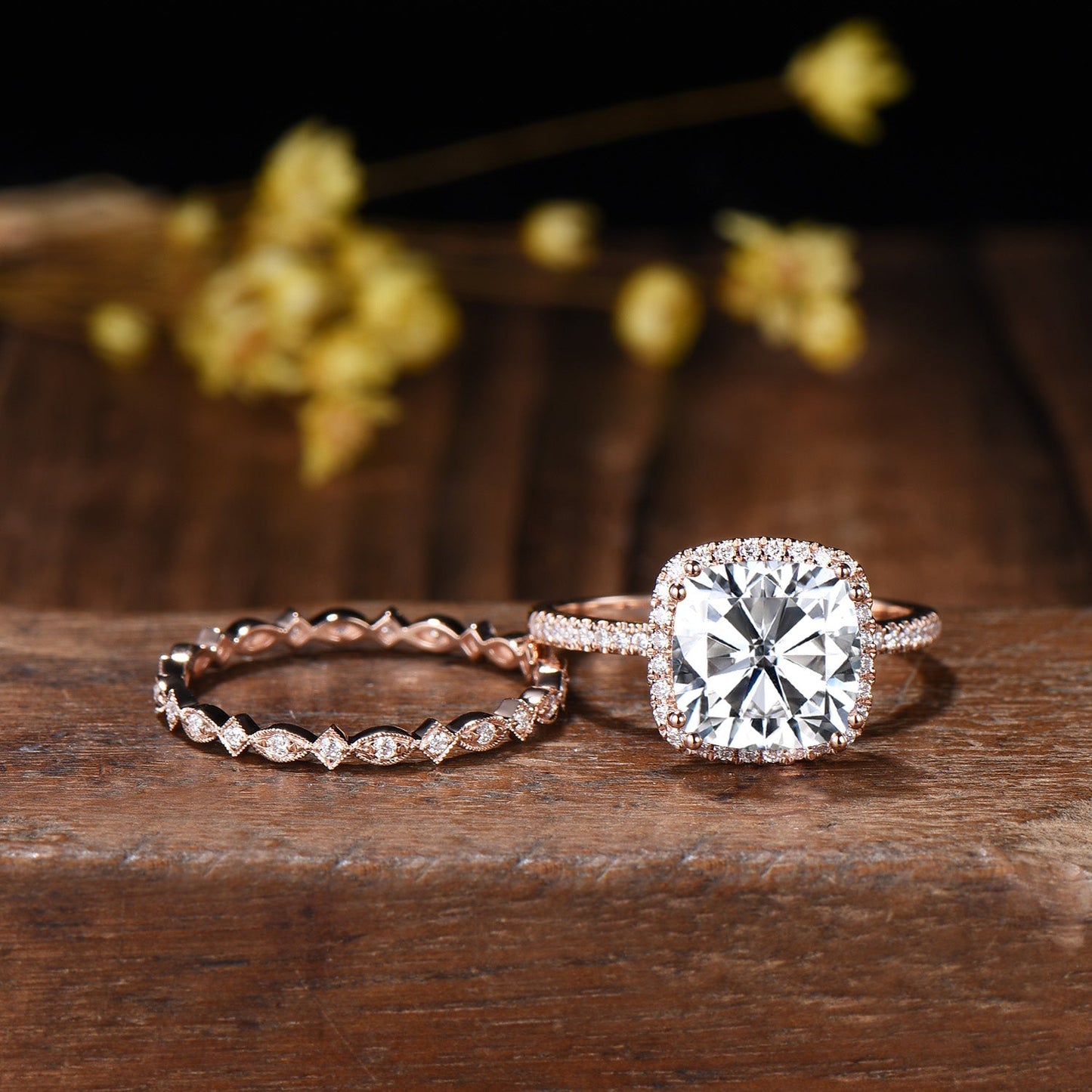 3ct Cushion Moissanite Engagement Ring Set, 14k Rose Gold Bridal Band