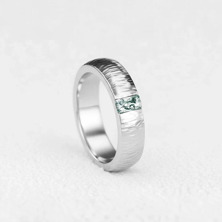 Silas’s Inlay | Moss Agate Textured Men's Wedding Band