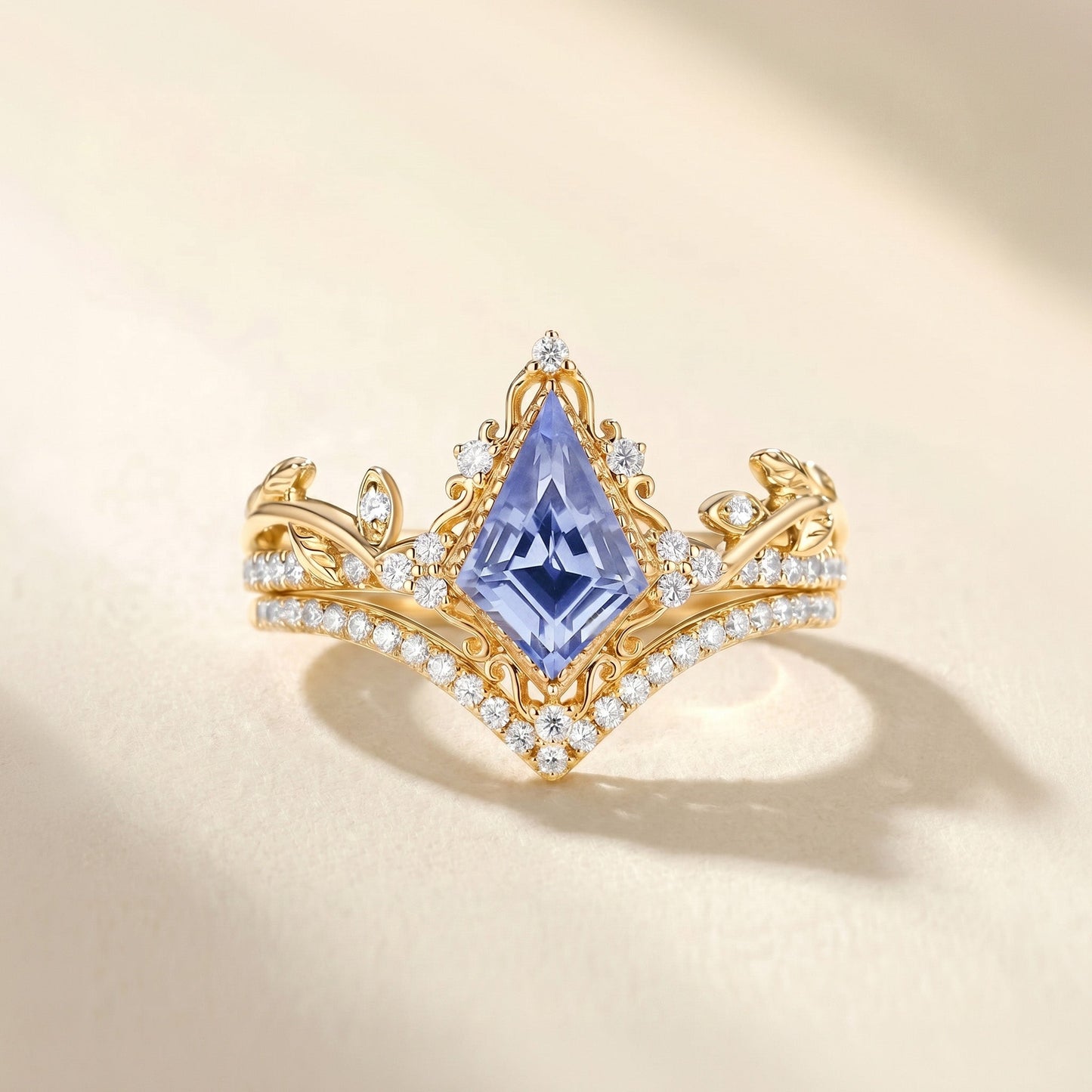 Kite Cut Lab Cornflower Sapphire Engagement Ring Set 2pcs