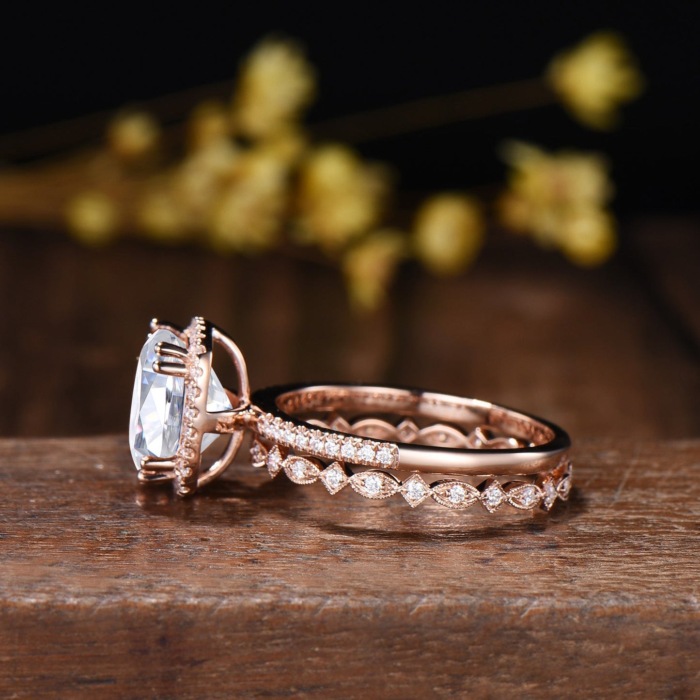 3ct Cushion Moissanite Engagement Ring Set, 14k Rose Gold Bridal Band