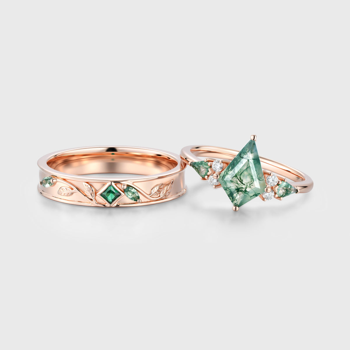 Forever Glow Moss Agate Couple Rings | Rose Gold Leaf Wedding Bridal Set