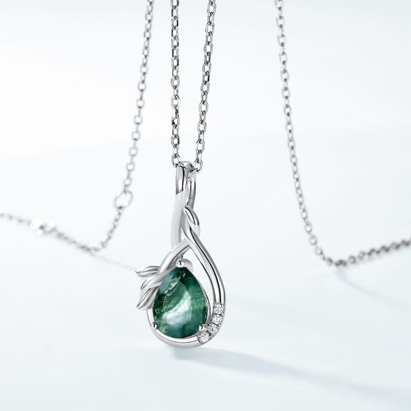Forest Whisper Moss Agate Teardrop Necklace Leaf & Vine Branch Pendant