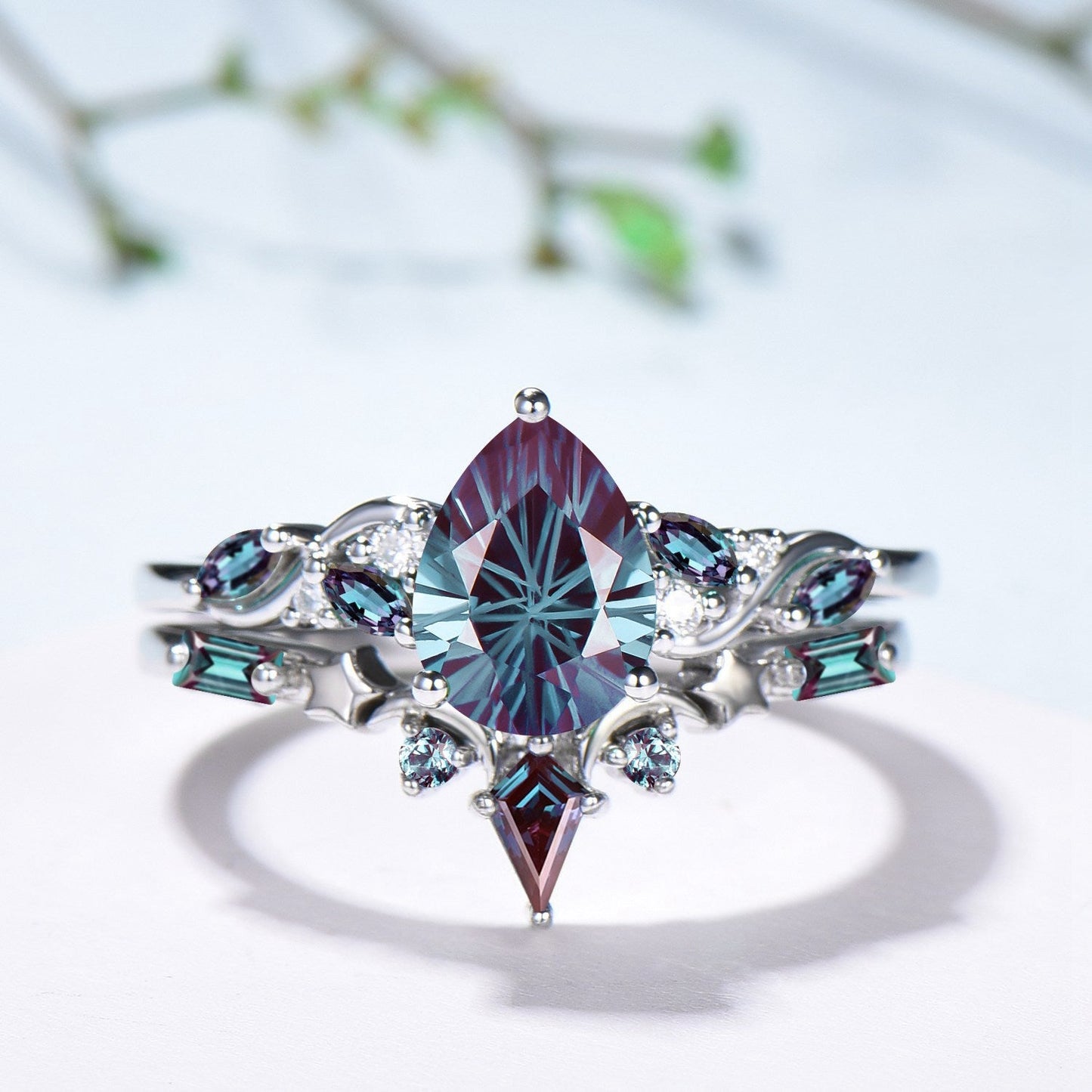Nebula Teardrop Fireworks Cut Alexandrite Crown Engagement Ring Set: Moon Star Stacking Band