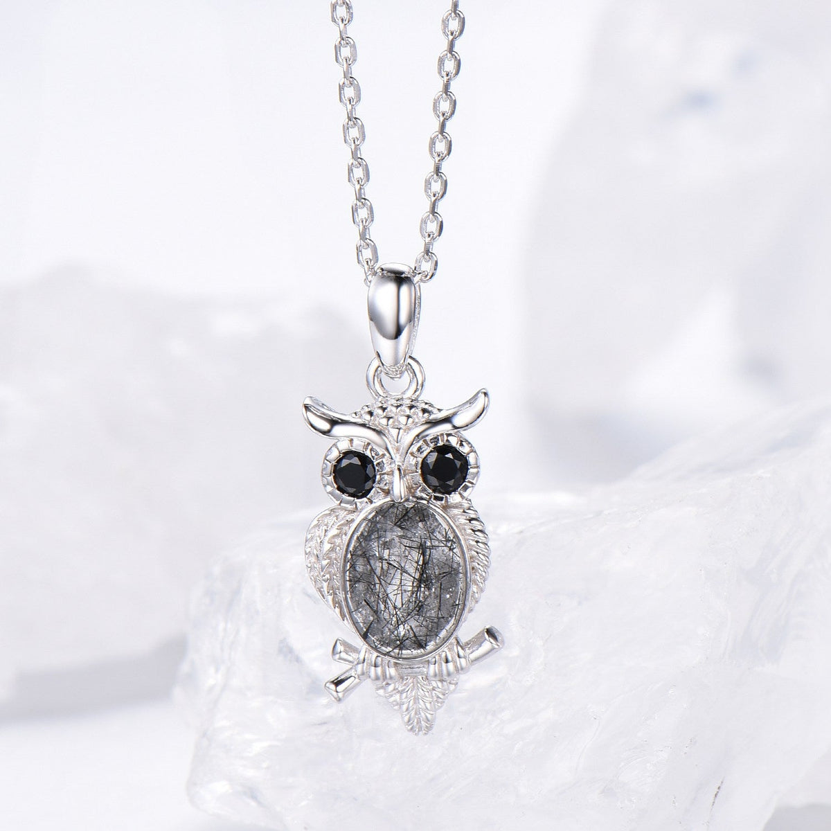 Personalized Owl Pendant Necklace Unique Black Rutilated Quartz Necklace Silver rose gold Pendant Night Cute Owl Animal Inspired Necklace