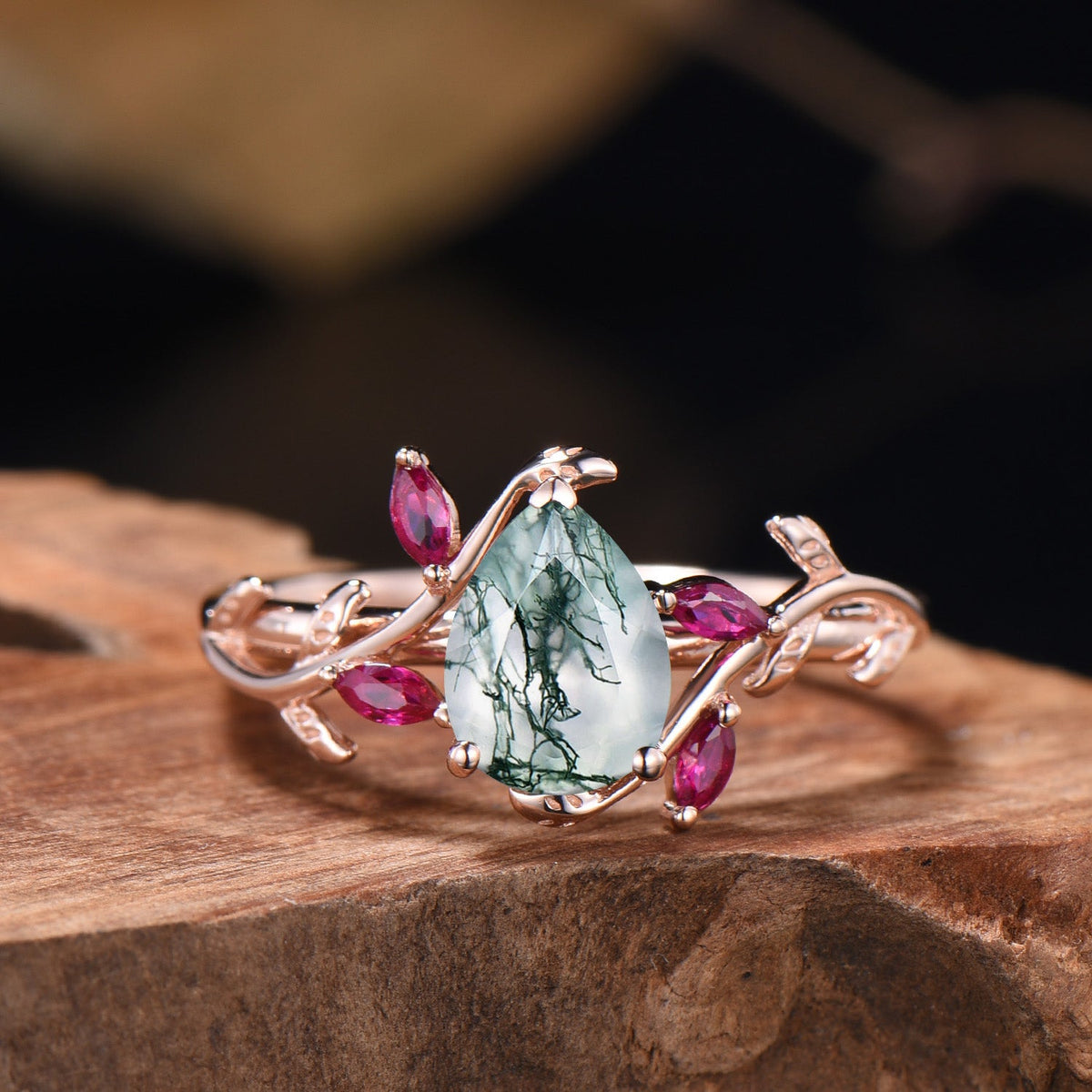 Nature Inspired Moss Agate Ring Leaf Marquise Cut Ruby Ring