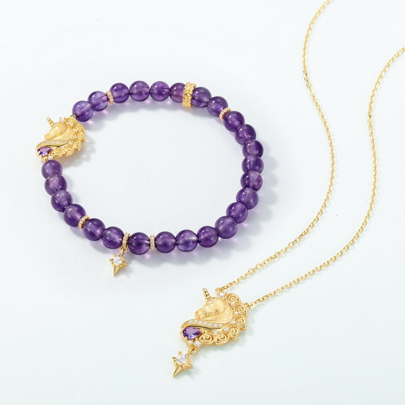 Handcrafted Brushed Gold Unicorn Bracelet Plated Amethyst Beaded Jewelry