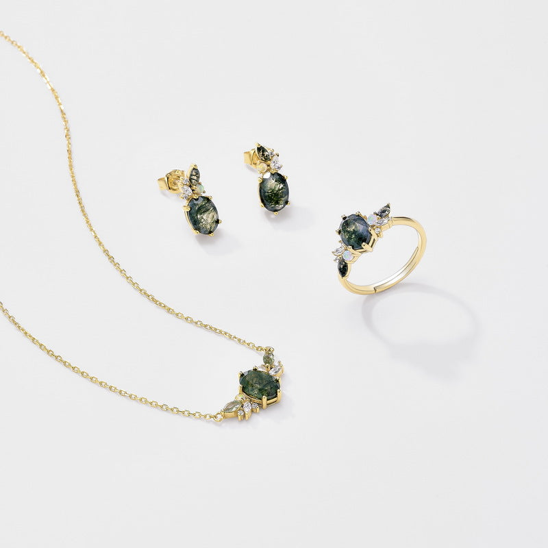 Oval Moss Agate Stud Earrings, Dainty Opal Cluster Jewelry, Botanical Ear Climbers, Forestcore Aesthetic Gift, Unique Bridesmaid Gift
