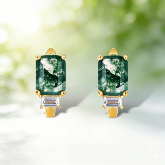 Moss Agate Accent Baguette Huggie Hoop Earrings for Women