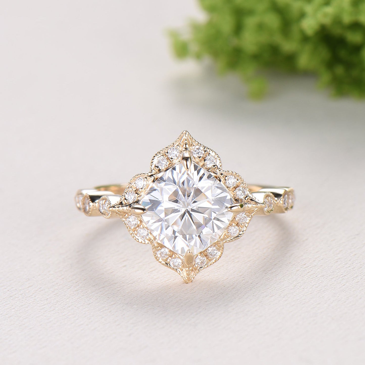 Art Deco Cushion Cut Moissanite Engagement Ring, 14K Yellow Gold Milgrain Marqusie Diamond Band