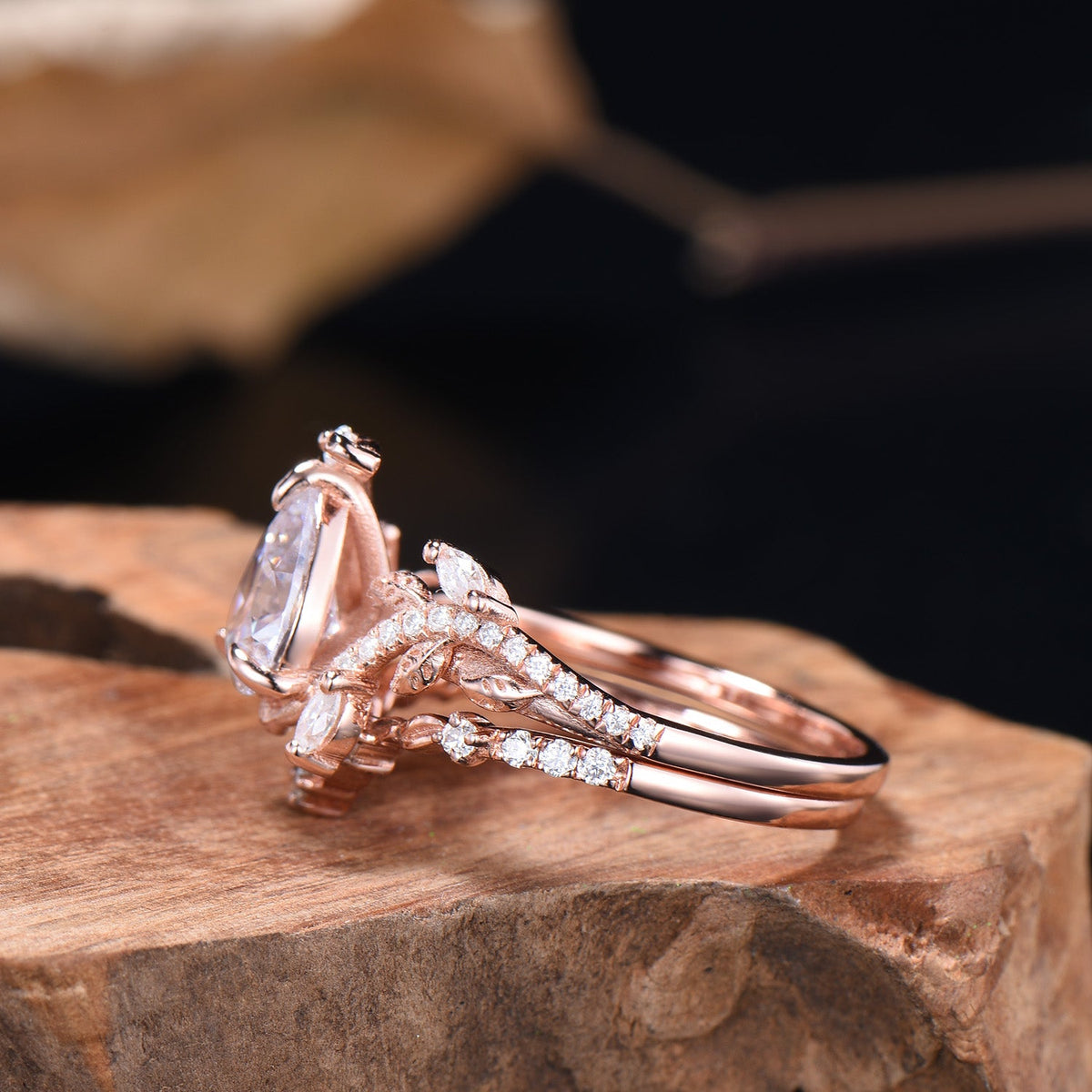 Nature Inspired Moissanite Bridal Set Teardrop Cut Moissanite Snake Engagement Ring Diamond Leaf Wedding Band Anniversary Gifts For Women