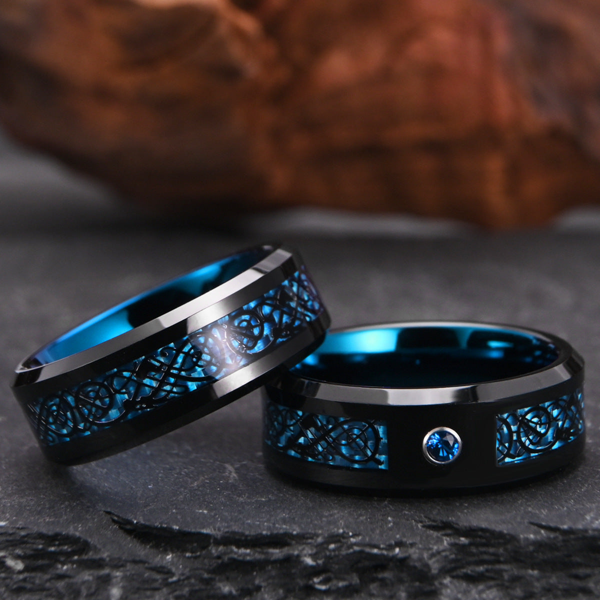 8mm tungsten men's wedding band Tungsten steel two-tone ring with blue fiber black dragon slice and blue zircon