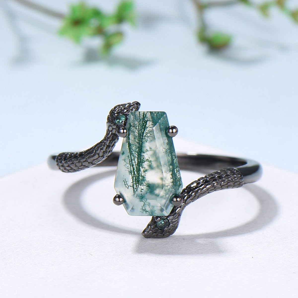 Unique Snake green moss agate engagement ring cold-blooded coffin shaped green stone three stone wedding ring women anniversary promise gift