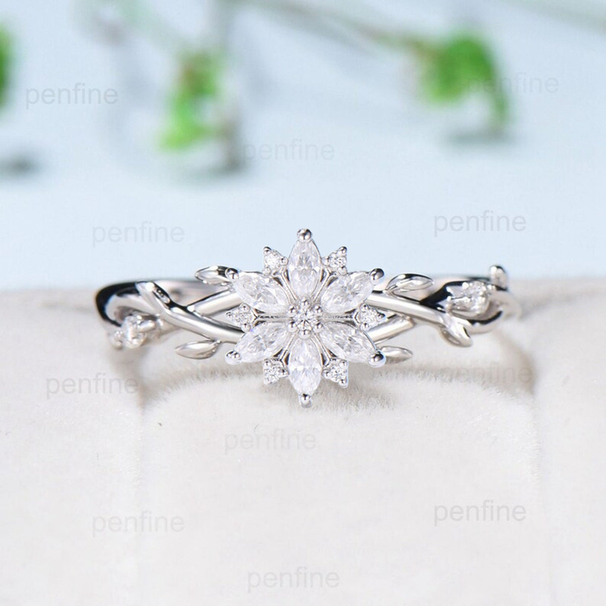 Elegant Snowflake Marquise Moissanite Diamond Ring with Twisted Branch Band