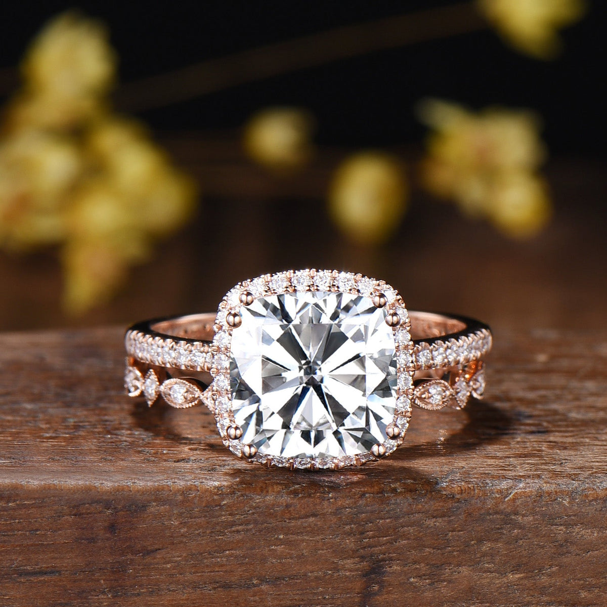 3ct Cushion Moissanite Engagement Ring Set, 14k Rose Gold Bridal Band