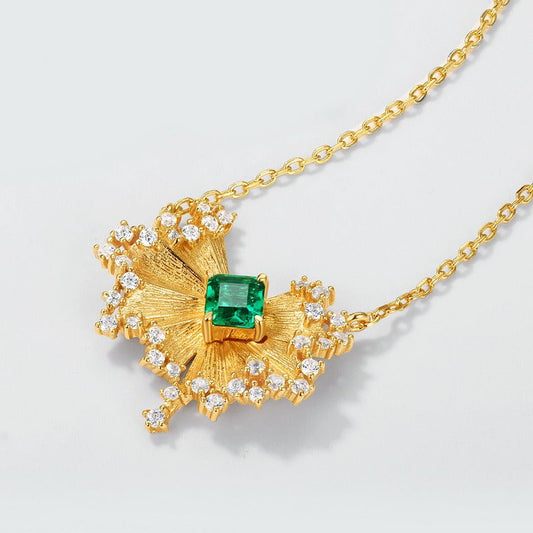 Vintage Inspired Gold Sunburst Necklace with Emerald Green Gem and Crystal Halo