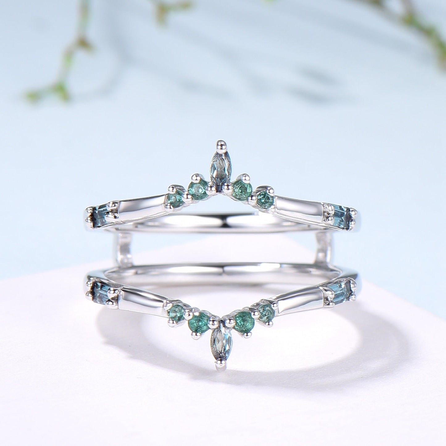 Double Curved Alexandrite Emerald Wedding Band Sterling Silver Contour Enhancer Stacking Marquise Baguette Matching Band Anniversary Gifts