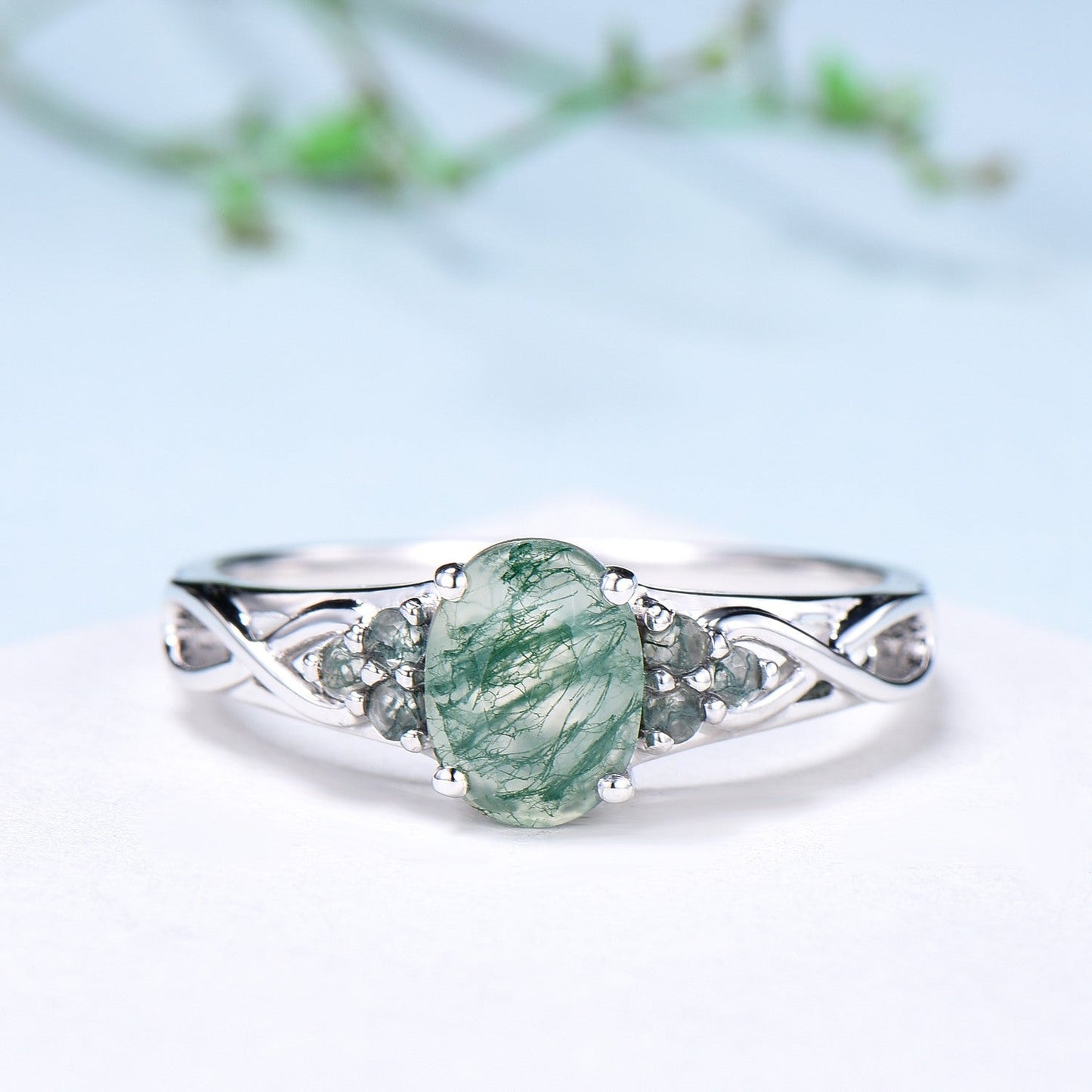 Celtic Knot Oval Natural Moss Agate Engagement Ring Solid 14K/18K White Gold Unique Infinity Ring Cluster Wedding Ring Anniversary gifts
