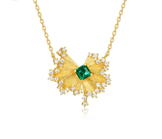 Vintage Inspired Gold Sunburst Necklace with Emerald Green Gem and Crystal Halo